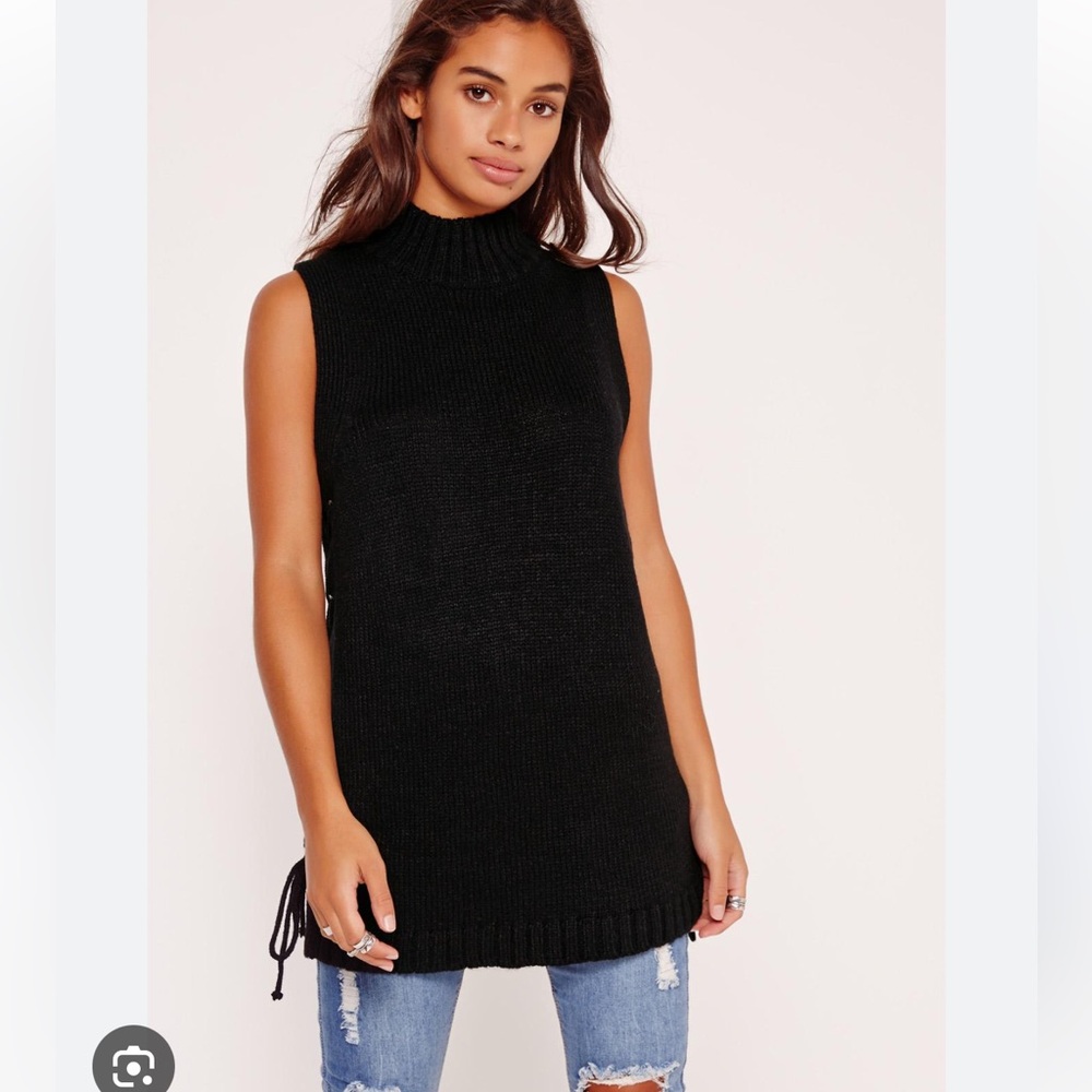 Missguided Black Sleeveless Lace Up Knit Sleeveless Turtleneck Sweater